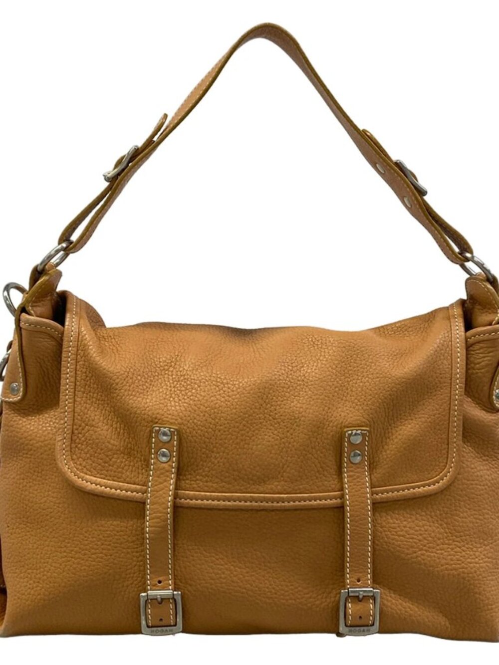 HOGAN Light Brown Buckled Flap Bag Grained Leather